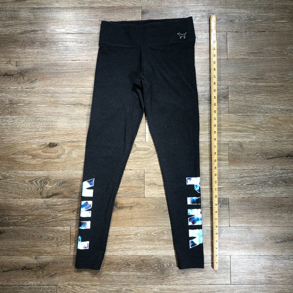 Victorias Secret PINK Womans Small Yoga Leggings Black Floral Silver Dog Logo - Picture 4 of 5